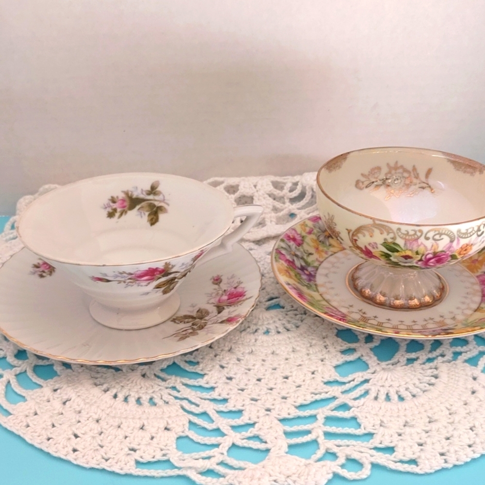 Two beautiful Japanese tea cups and saucers